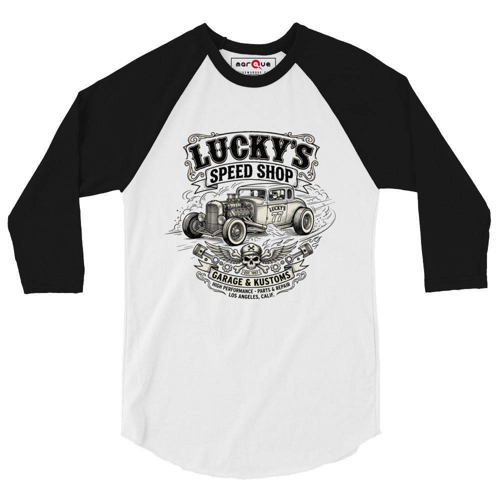 Lucky's Speed Shop Baseball Tee, White/Black front view — vintage speed shop hot rod print, Marque automotive apparel