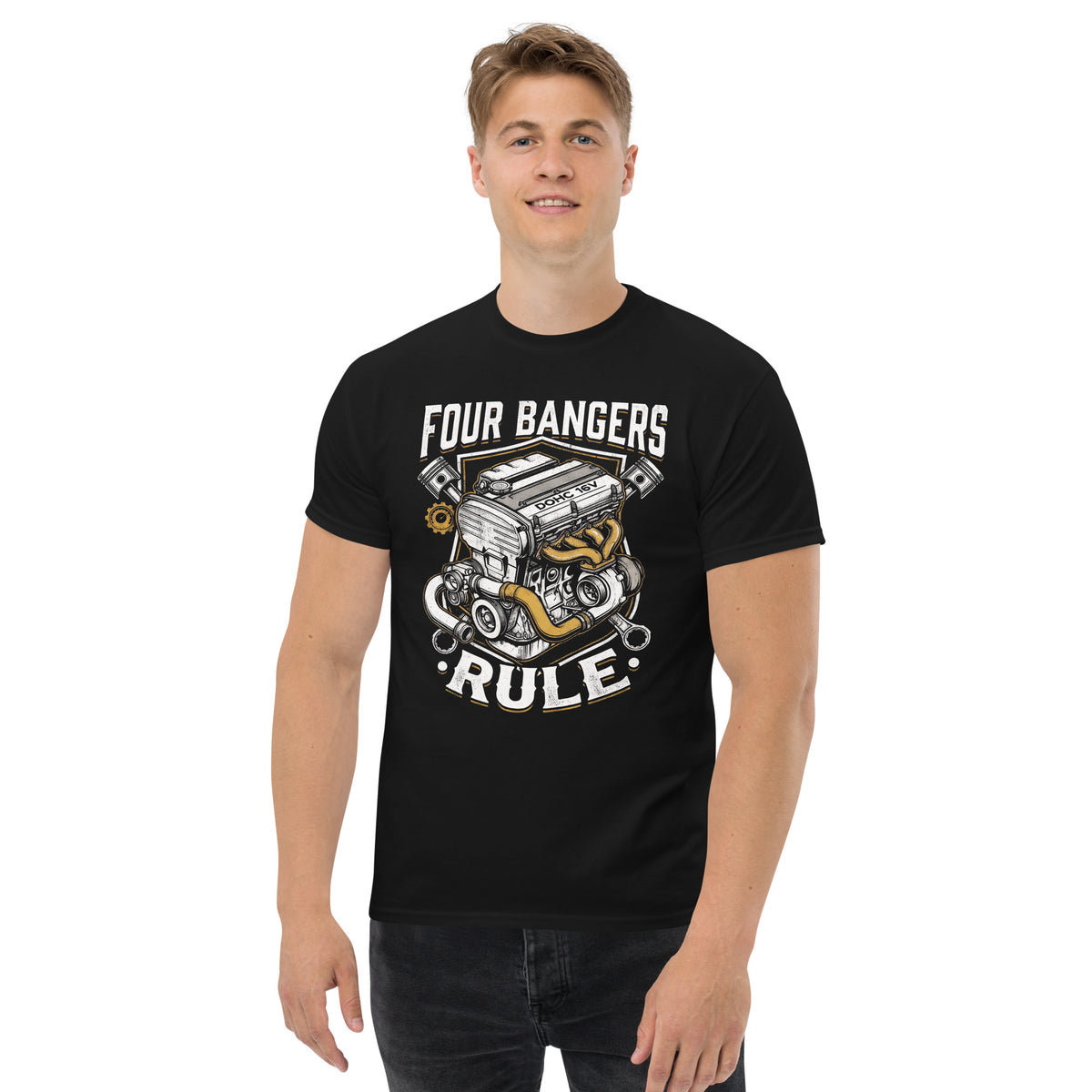 Four Banger Engines Rule t-shirt in Black, front view (2) — Marque automotive apparel