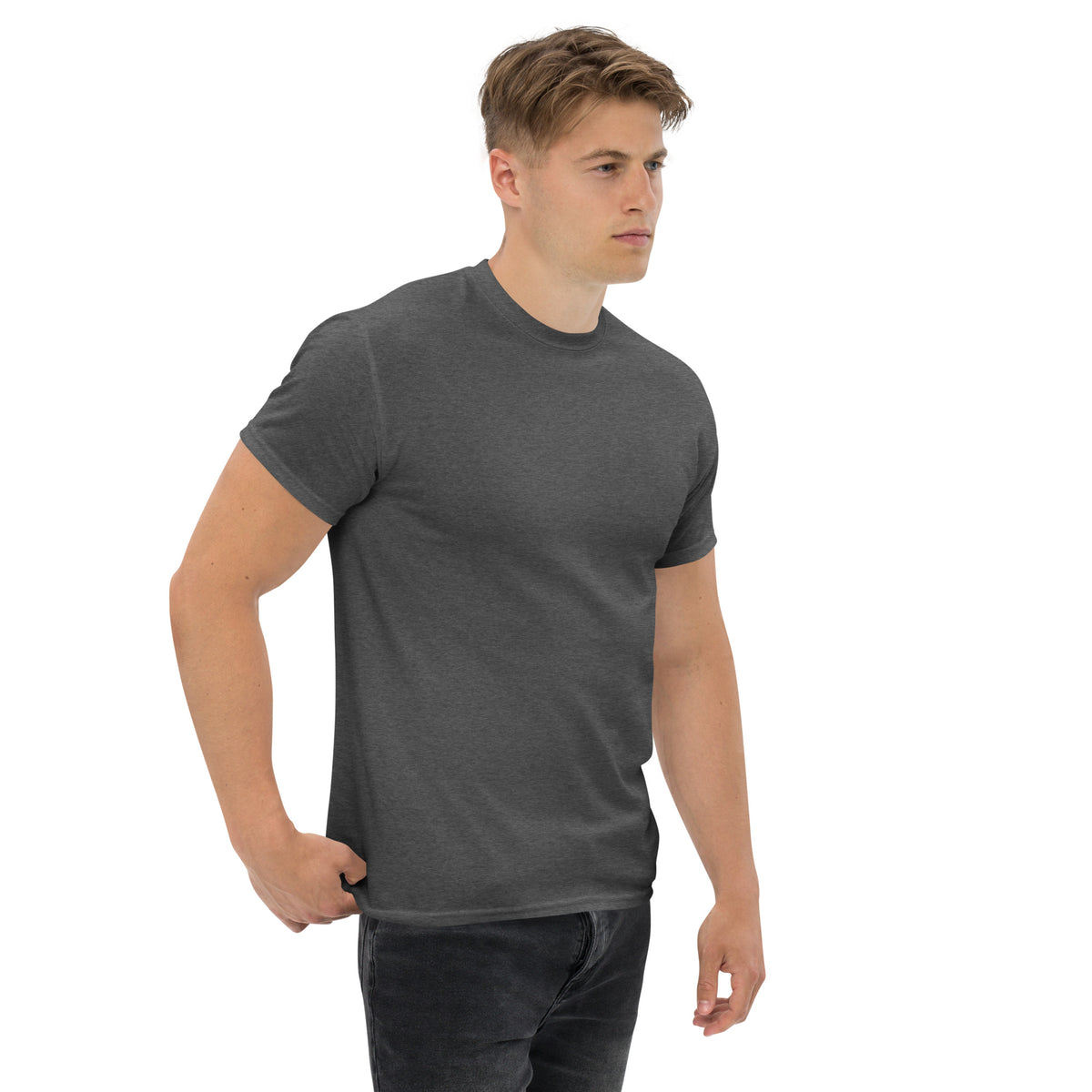 Built Not Bought Tee, Dark Heather — right front three-quarter view showing the plain front
