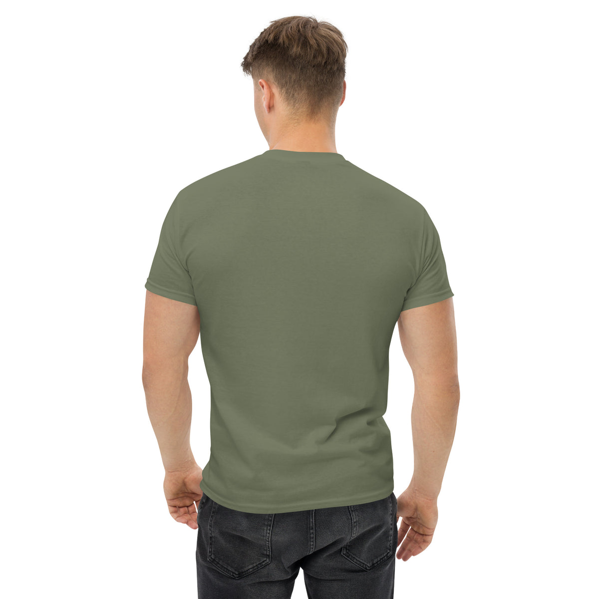 Rally Royalty Tee, Military Green back view — plain back, Marque automotive apparel