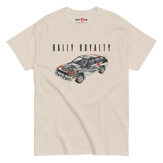 Rally Royalty Tee, Natural front view — Group B rally cutaway front print, Marque automotive apparel
