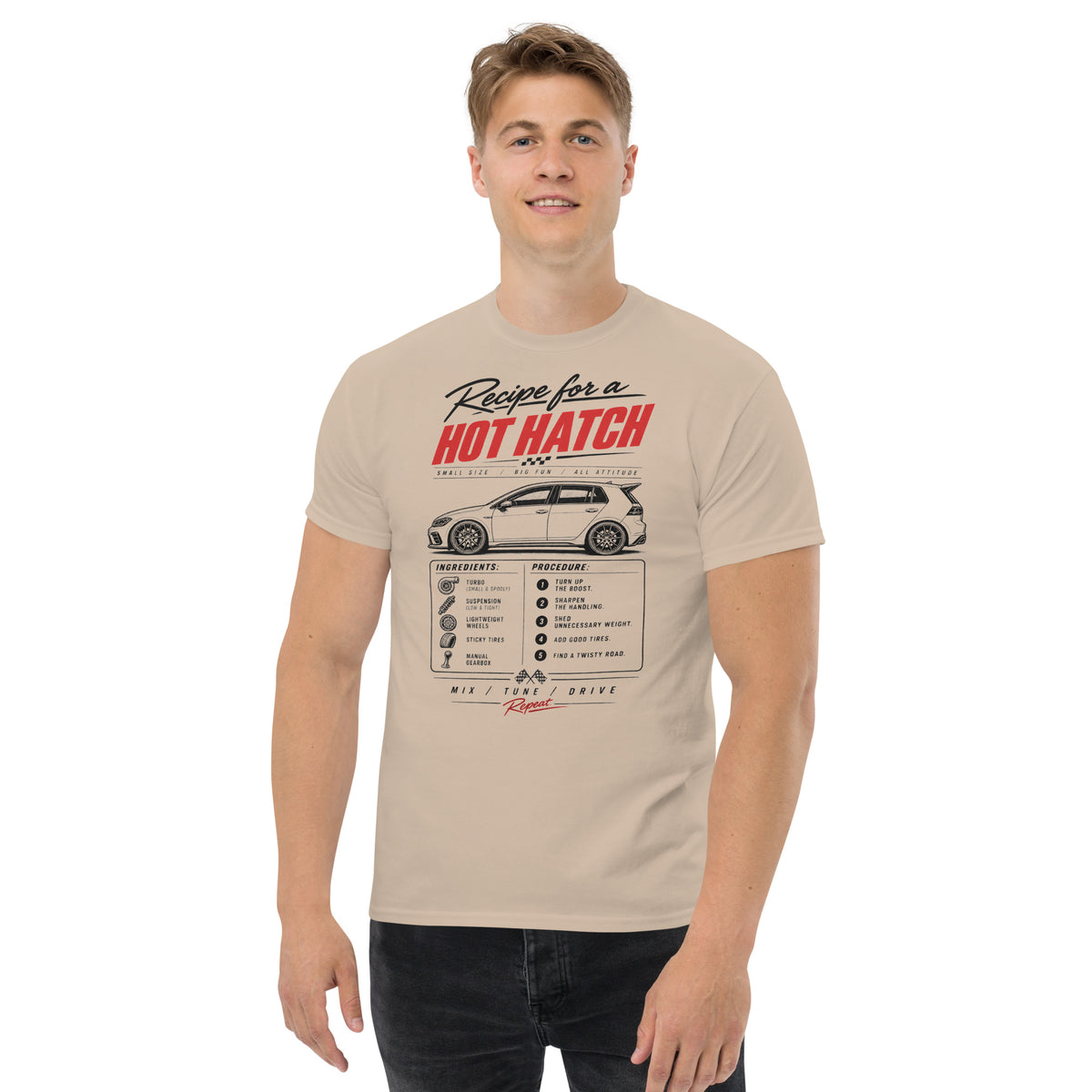 Sand hot hatch recipe tee listing turbo, suspension, lightweight wheels, sticky tires and a manual gearbox