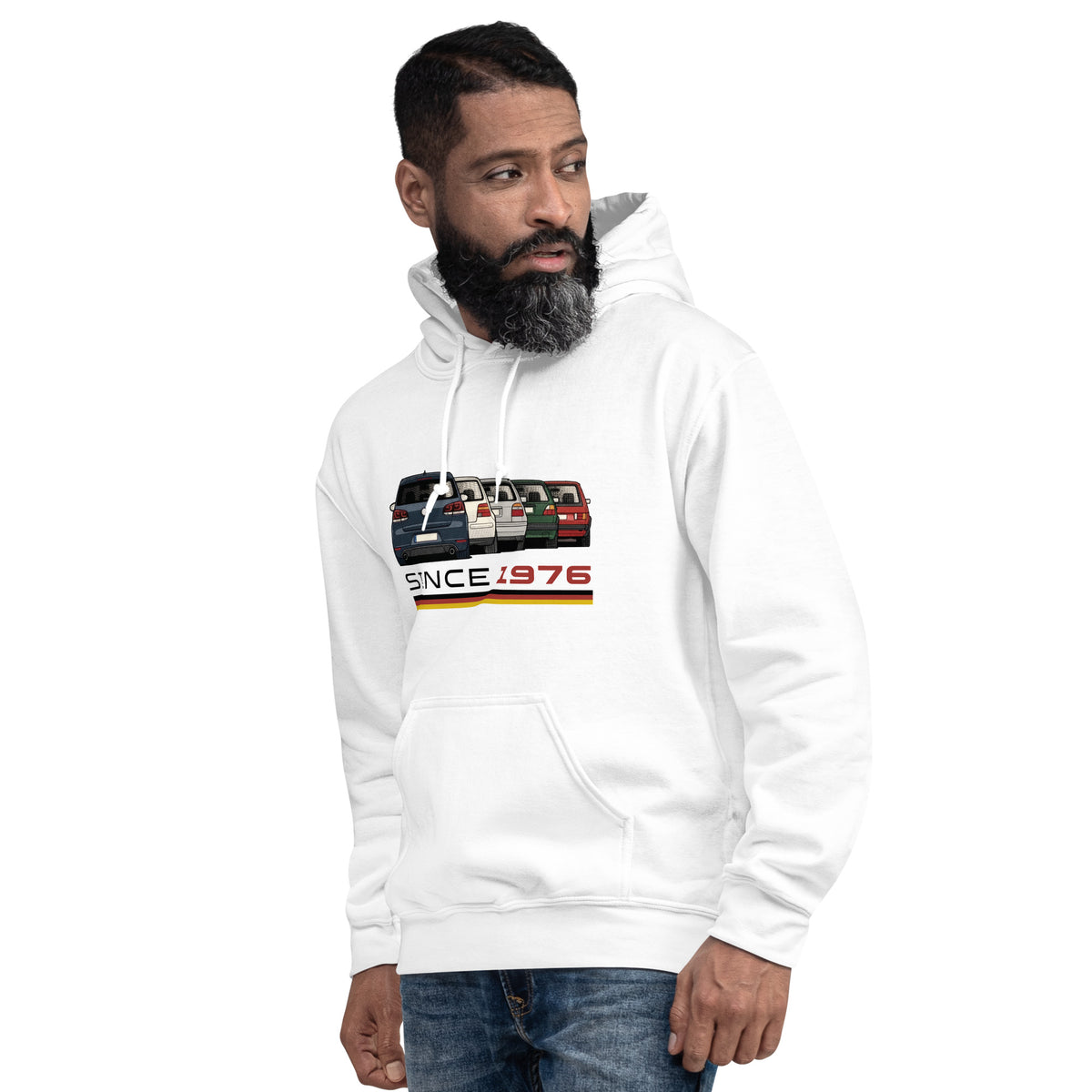 The Hot Hatch hoodie in White, left front three-quarter view — Marque automotive apparel