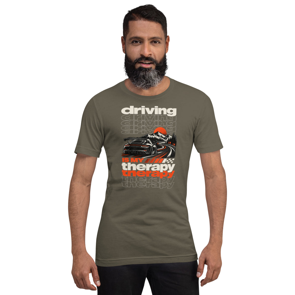 Army green driving is my therapy tee worn front-on, mountain pass print centred
