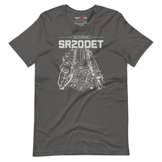 SR20DET Tee, Asphalt flat lay — twin-cam turbo engine line art, Marque automotive apparel