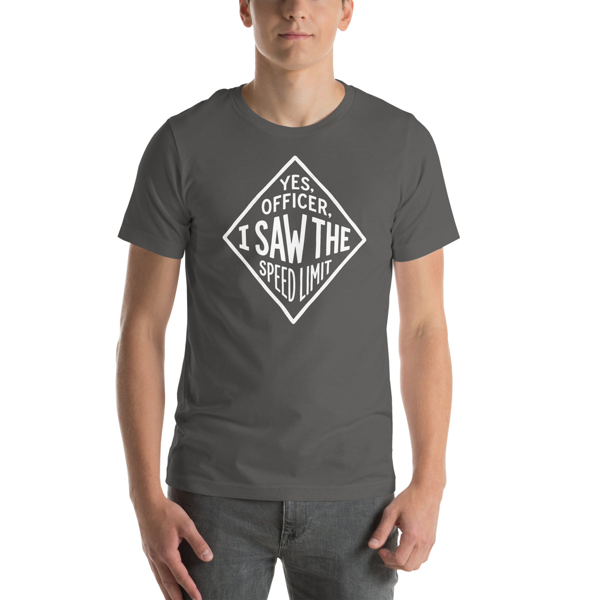 Yes Officer t-shirt in Asphalt, worn — Marque automotive apparel