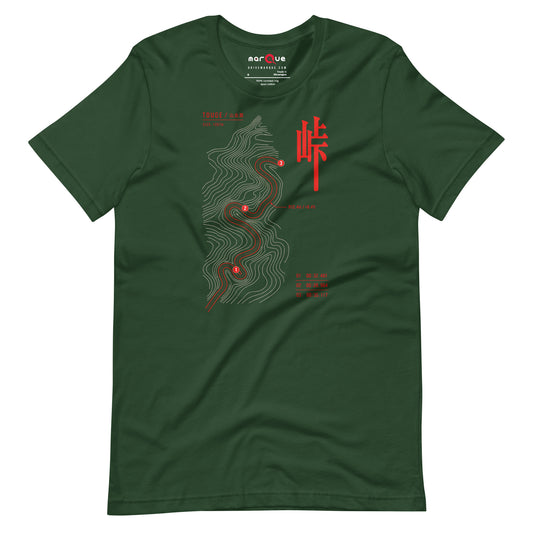 Forest green touge contour map t-shirt laid flat, mountain pass drawn as a survey map