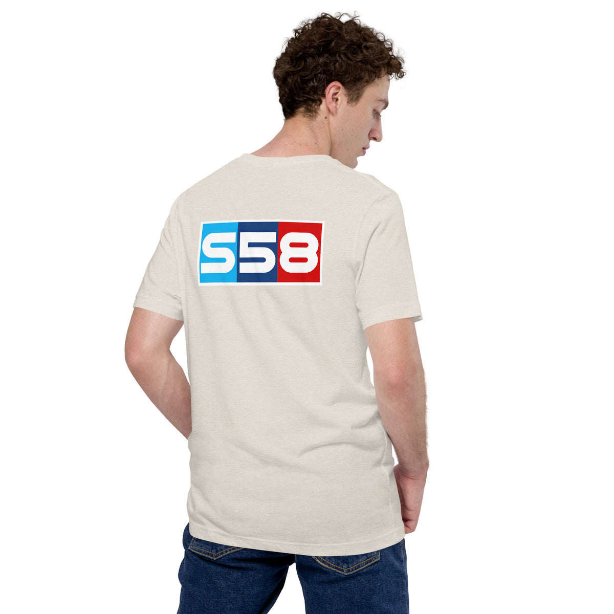 Bavarian Twin-Turbo Tee — S58 Straight-Six graphic t-shirt, Heather Dust back view — Marque automotive apparel