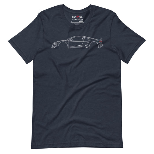 Heather Navy V10 t-shirt — mid-engine coupe drawn as a single-weight line study