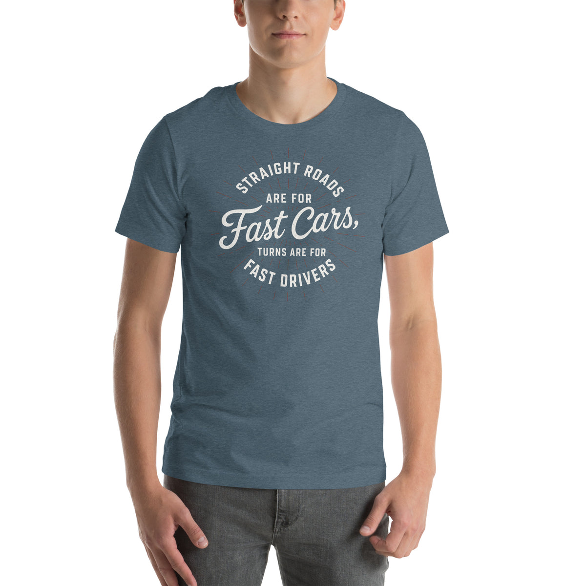 Fast Cars Fast Drivers Tee, Heather Slate front view (2) — Marque automotive apparel