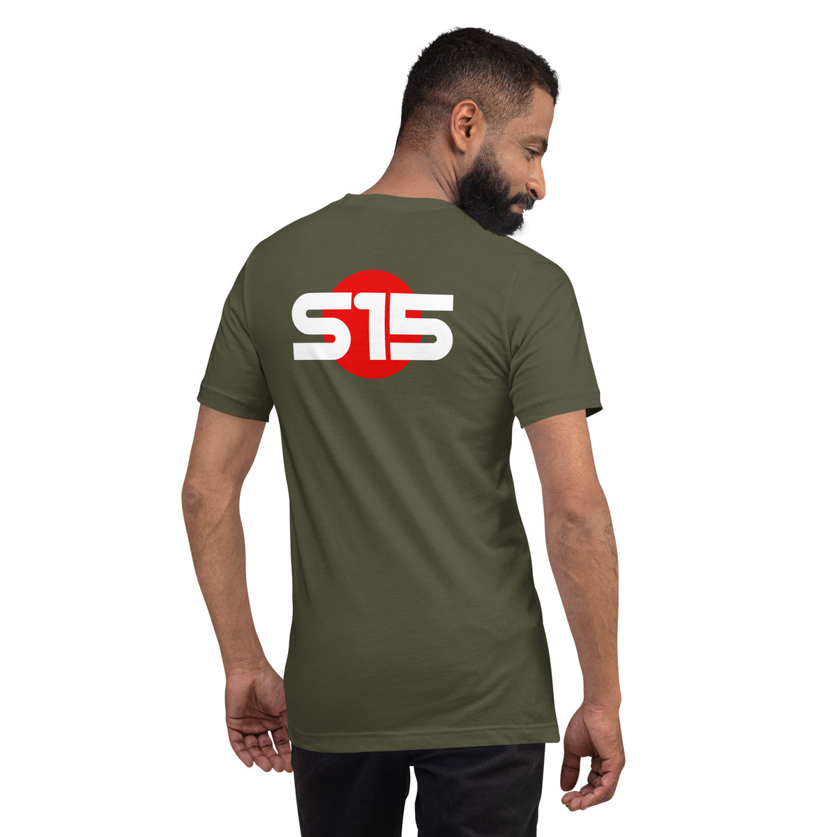 S15 Tee — Final Silhouette graphic t-shirt, Military Green back view (2) — Marque automotive apparel