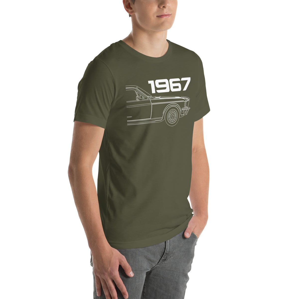 '67 Icon Tee — The Year Everything Changed, Military Green right front view — 1967 muscle graphic, Marque automotive apparel