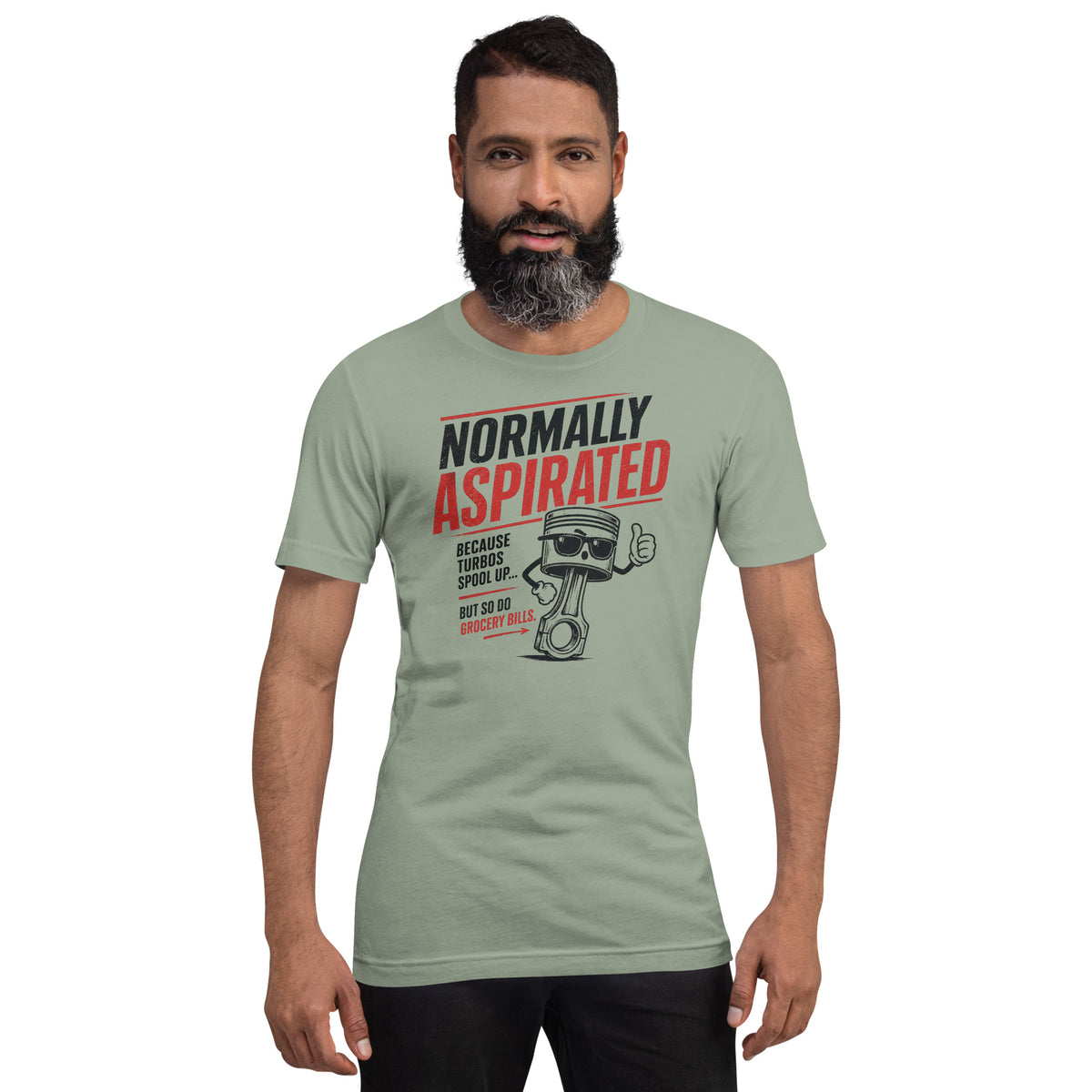 Sage green normally aspirated tee worn front-on, distressed block lettering on the chest