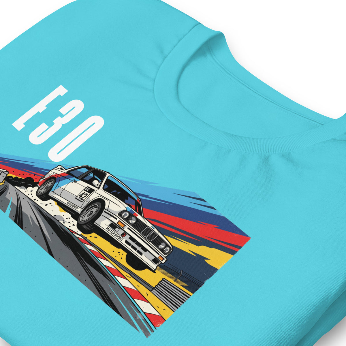 E30 Touring Car Tee — Group A Heritage graphic t-shirt, Turquoise print detail (2) — Marque automotive apparel