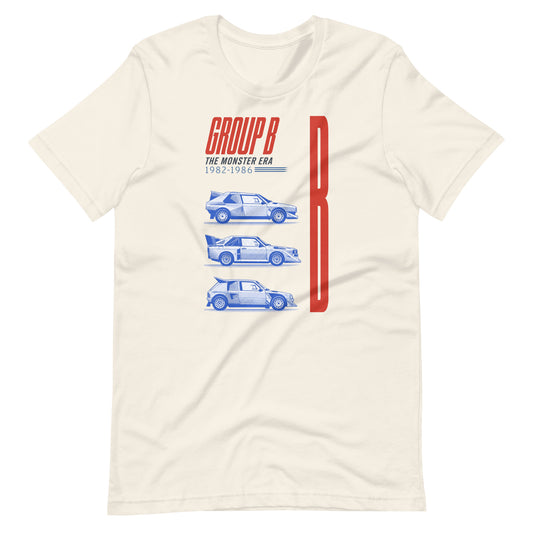 Vintage White Group B rally t-shirt laid flat, blue side profiles and red Monster Era lettering