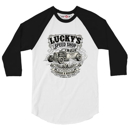 Lucky's Speed Shop Baseball Tee, White/Black front view — vintage speed shop hot rod print, Marque automotive apparel