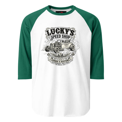 Lucky's Speed Shop Baseball Tee, White/Kelly front view — vintage speed shop hot rod print, Marque automotive apparel