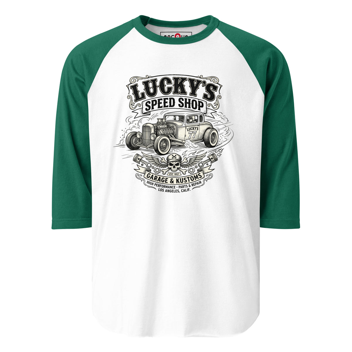 Lucky's Speed Shop Baseball Tee, White/Kelly front view — vintage speed shop hot rod print, Marque automotive apparel