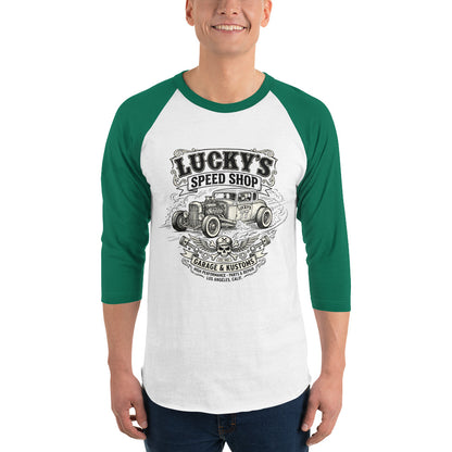 Lucky's Speed Shop Baseball Tee, White/Kelly front view — vintage speed shop hot rod print, Marque automotive apparel
