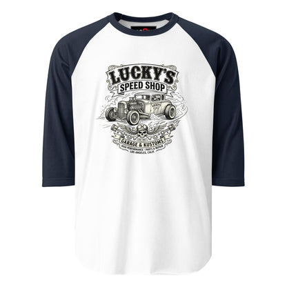 Lucky's Speed Shop Baseball Tee, White/Navy front view — vintage speed shop hot rod print, Marque automotive apparel