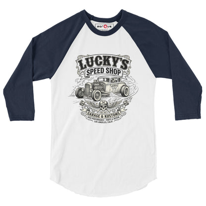 Lucky's Speed Shop Baseball Tee, White/Navy front view — vintage speed shop hot rod print, Marque automotive apparel
