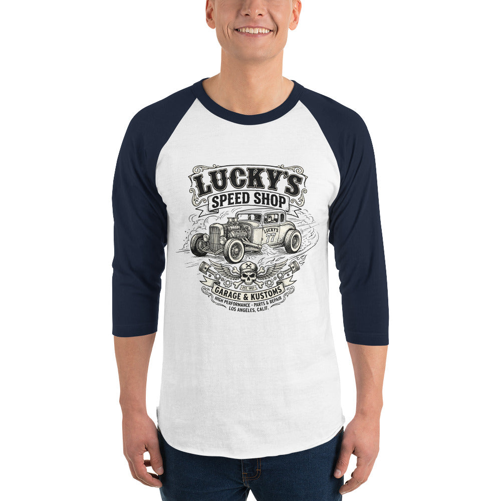 Lucky's Speed Shop Baseball Tee, White/Navy front view — vintage speed shop hot rod print, Marque automotive apparel