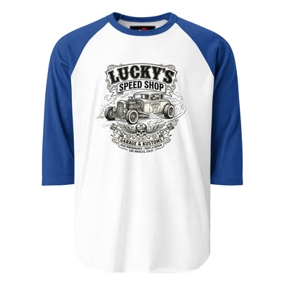 Lucky's Speed Shop Baseball Tee, White/Royal front view — vintage speed shop hot rod print, Marque automotive apparel