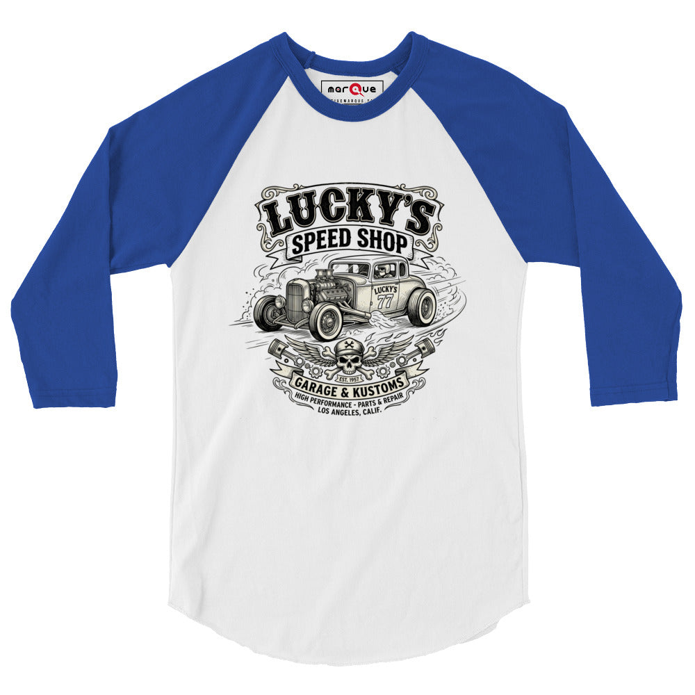 Lucky's Speed Shop Baseball Tee, White/Royal front view — vintage speed shop hot rod print, Marque automotive apparel