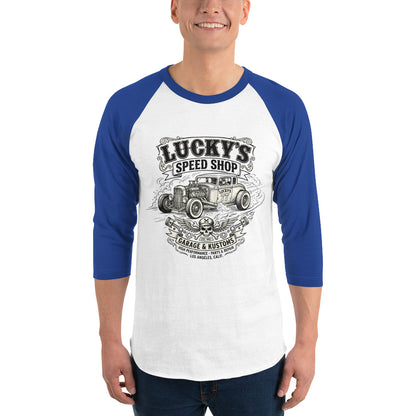 Lucky's Speed Shop Baseball Tee, White/Royal front view — vintage speed shop hot rod print, Marque automotive apparel