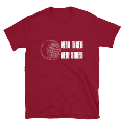 New Tire Before New Shoes Tee — Gearhead Priorities graphic t-shirt, Red front view (5) — Marque automotive apparel