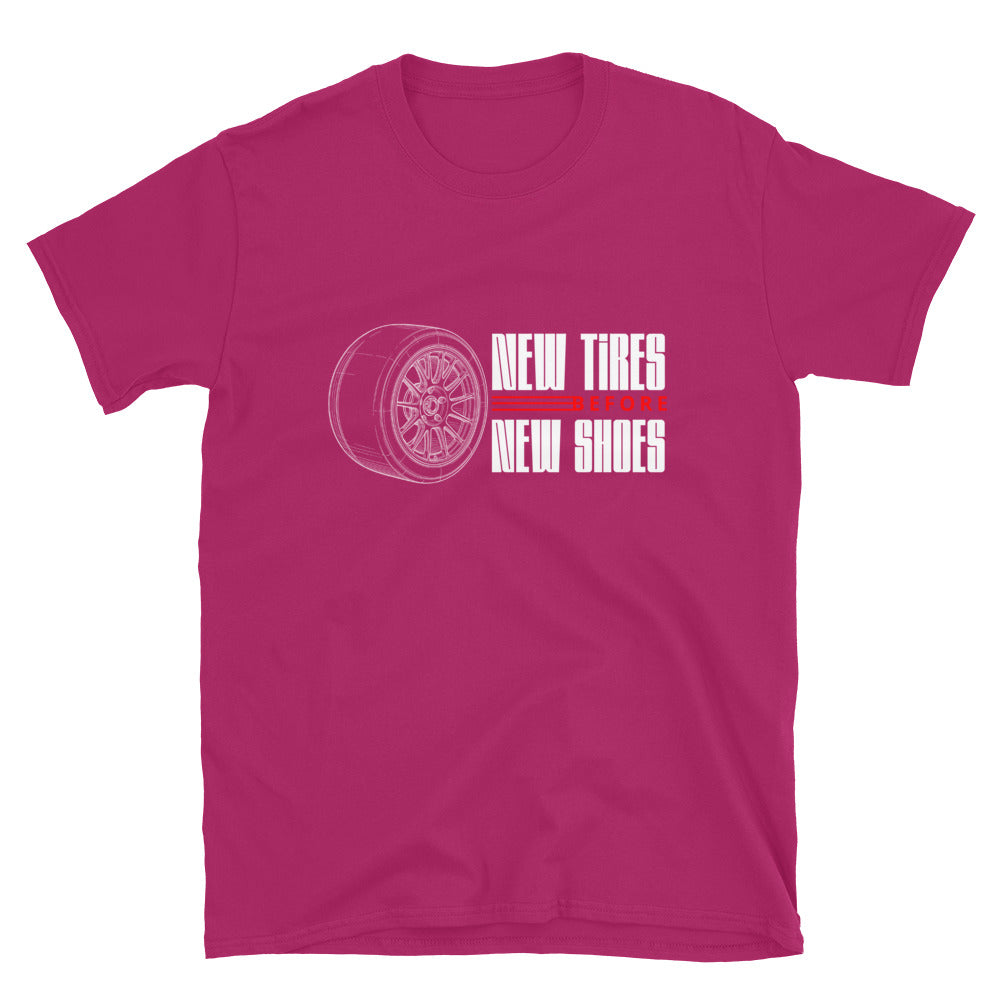 New Tire Before New Shoes Tee — Gearhead Priorities graphic t-shirt, front view (15) — Marque automotive apparel