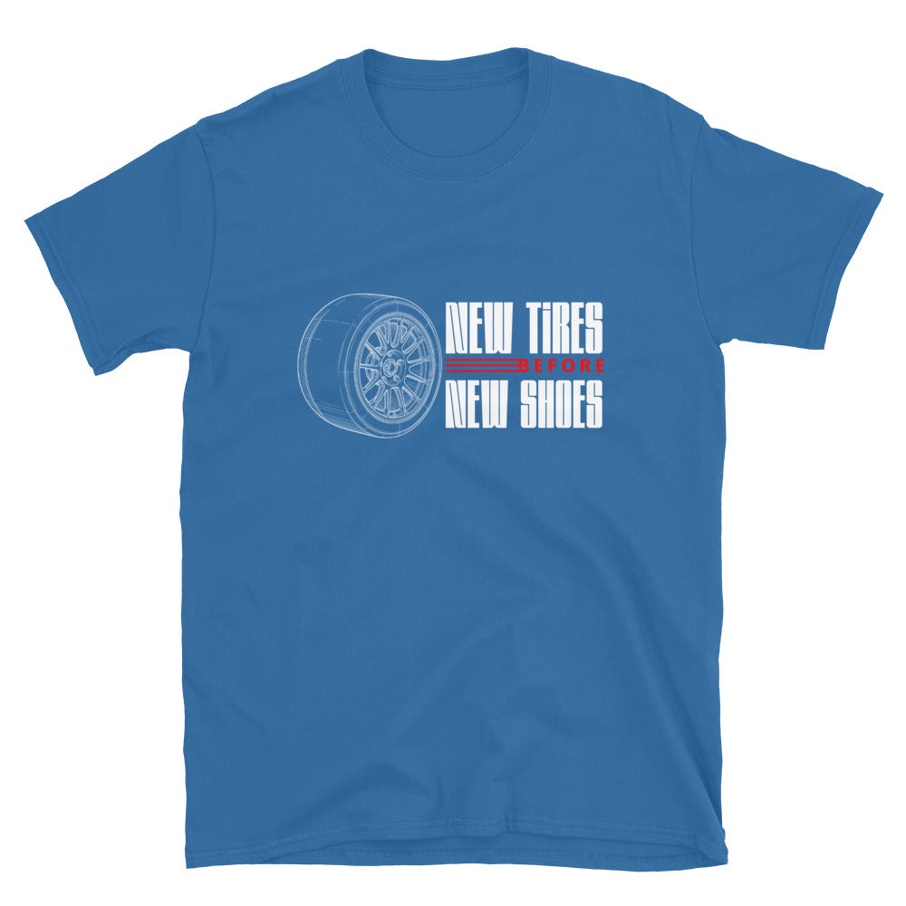 New Tire Before New Shoes Tee — Gearhead Priorities graphic t-shirt, front view (14) — Marque automotive apparel