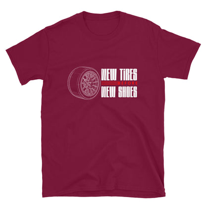 New Tire Before New Shoes Tee — Gearhead Priorities graphic t-shirt, Red front view (4) — Marque automotive apparel