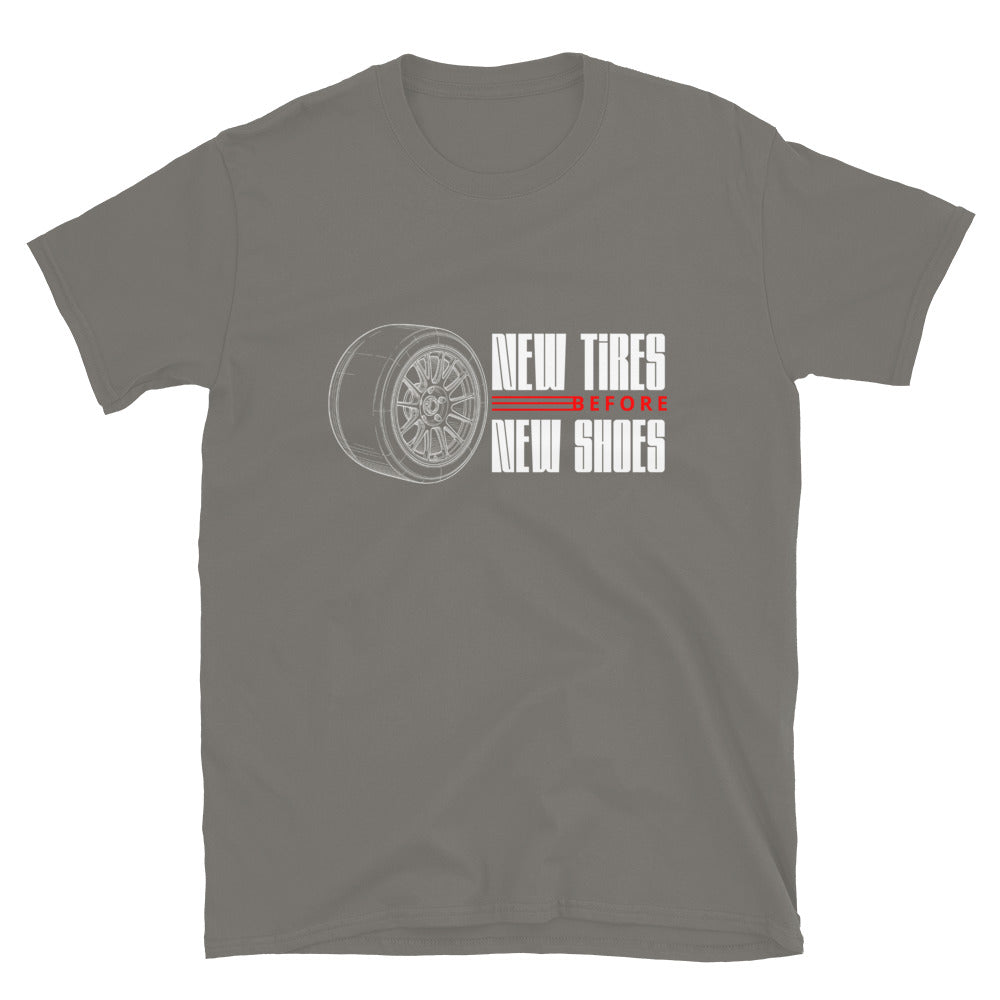 New Tire Before New Shoes Tee — Gearhead Priorities graphic t-shirt, Charcoal front view — Marque automotive apparel
