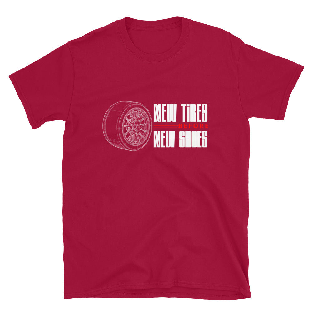 New Tire Before New Shoes Tee — Gearhead Priorities graphic t-shirt, Red front view (3) — Marque automotive apparel