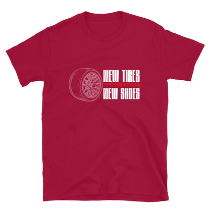 New Tire Before New Shoes Tee — Gearhead Priorities graphic t-shirt, Red front view (3) — Marque automotive apparel
