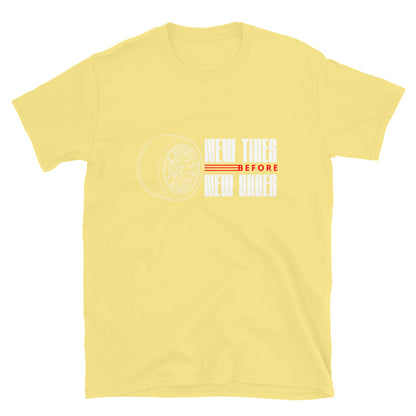 New Tire Before New Shoes Tee — Gearhead Priorities graphic t-shirt, front view (20) — Marque automotive apparel