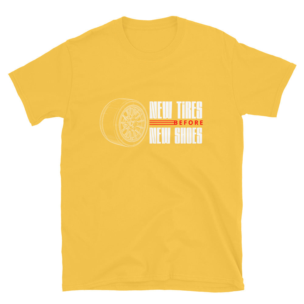 New Tire Before New Shoes Tee — Gearhead Priorities graphic t-shirt, front view (21) — Marque automotive apparel