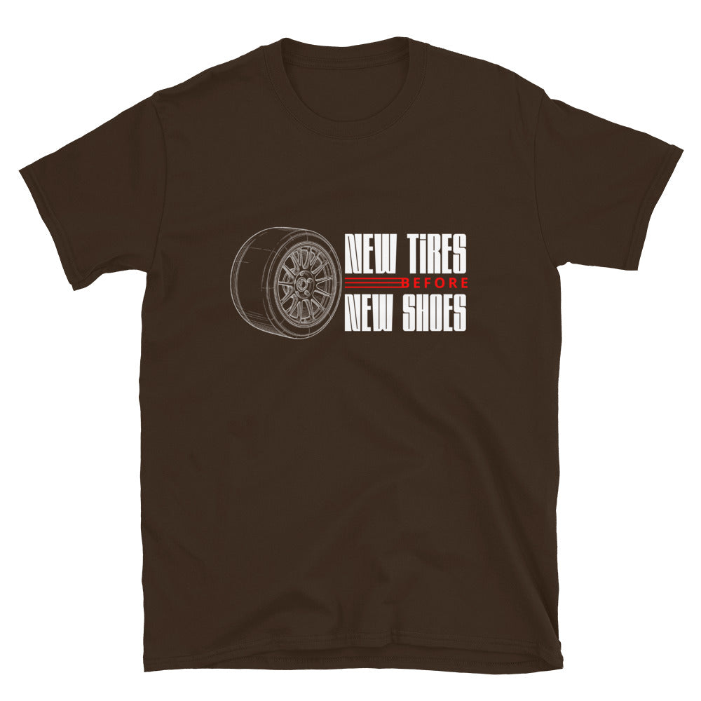 New Tire Before New Shoes Tee — Gearhead Priorities graphic t-shirt, front view (12) — Marque automotive apparel