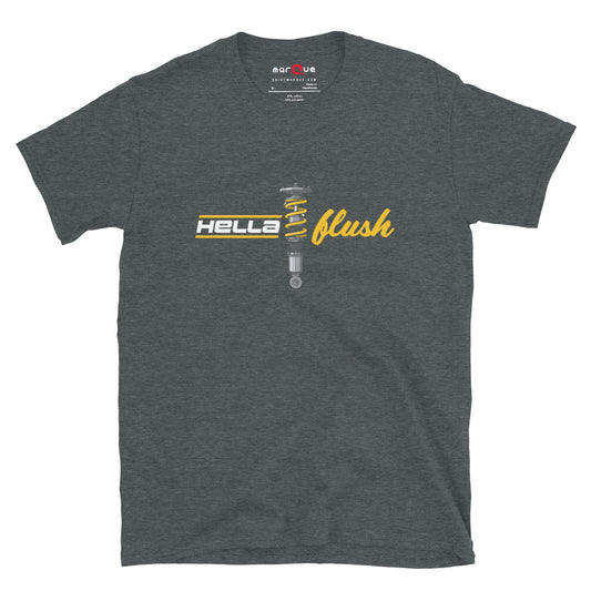Hella Flush Tee — Static Stance graphic t-shirt, Dark Heather front view — Marque automotive apparel