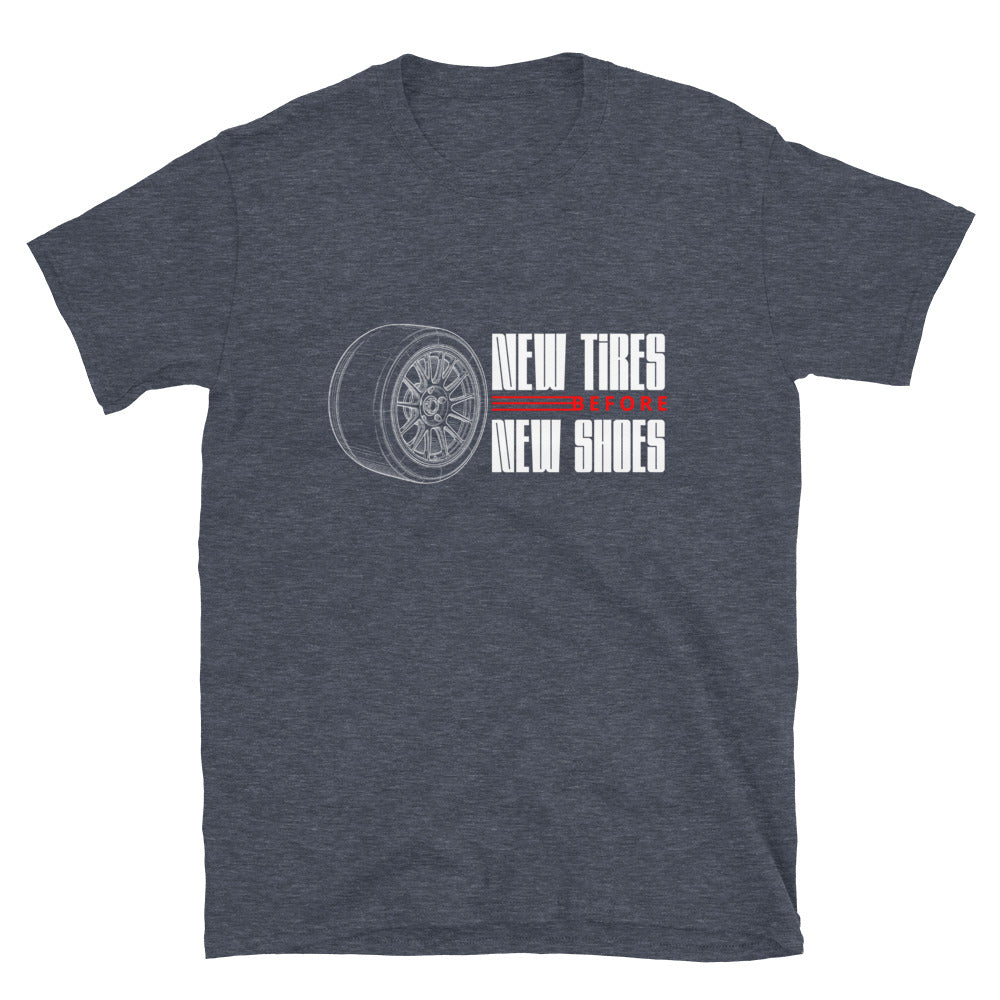 New Tire Before New Shoes Tee — Gearhead Priorities graphic t-shirt, Navy front view (2) — Marque automotive apparel