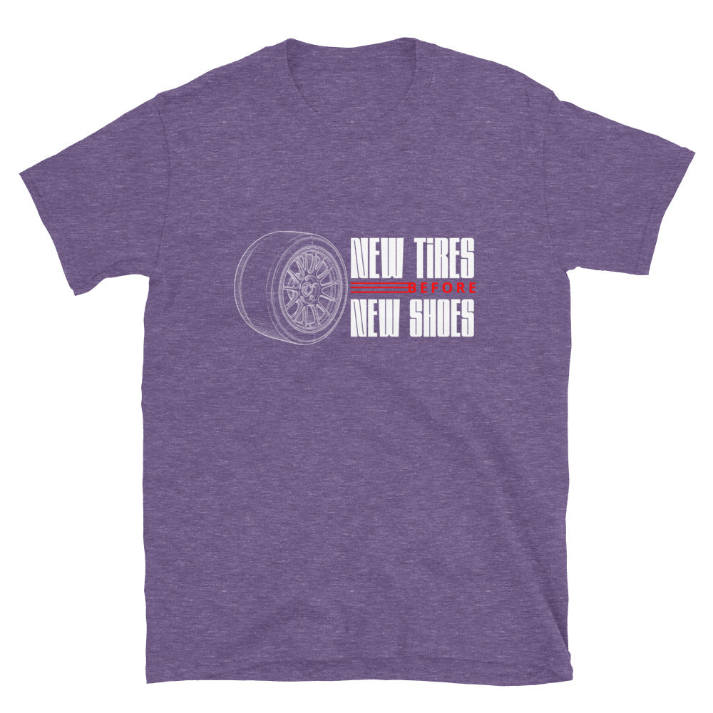 New Tire Before New Shoes Tee — Gearhead Priorities graphic t-shirt, front view (5) — Marque automotive apparel
