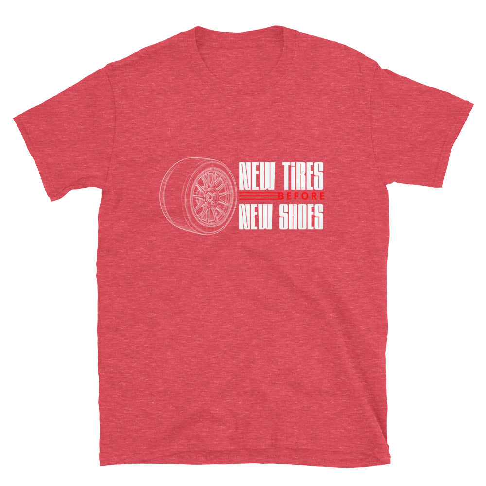 New Tire Before New Shoes Tee — Gearhead Priorities graphic t-shirt, Red front view — Marque automotive apparel