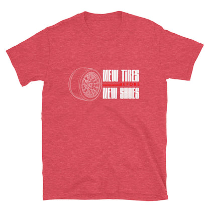 New Tire Before New Shoes Tee — Gearhead Priorities graphic t-shirt, Red front view — Marque automotive apparel