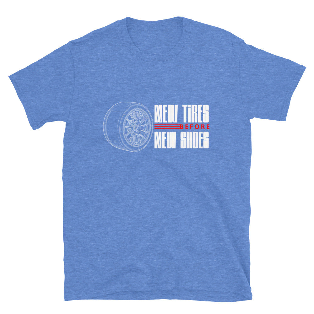 New Tire Before New Shoes Tee — Gearhead Priorities graphic t-shirt, Royal front view (2) — Marque automotive apparel