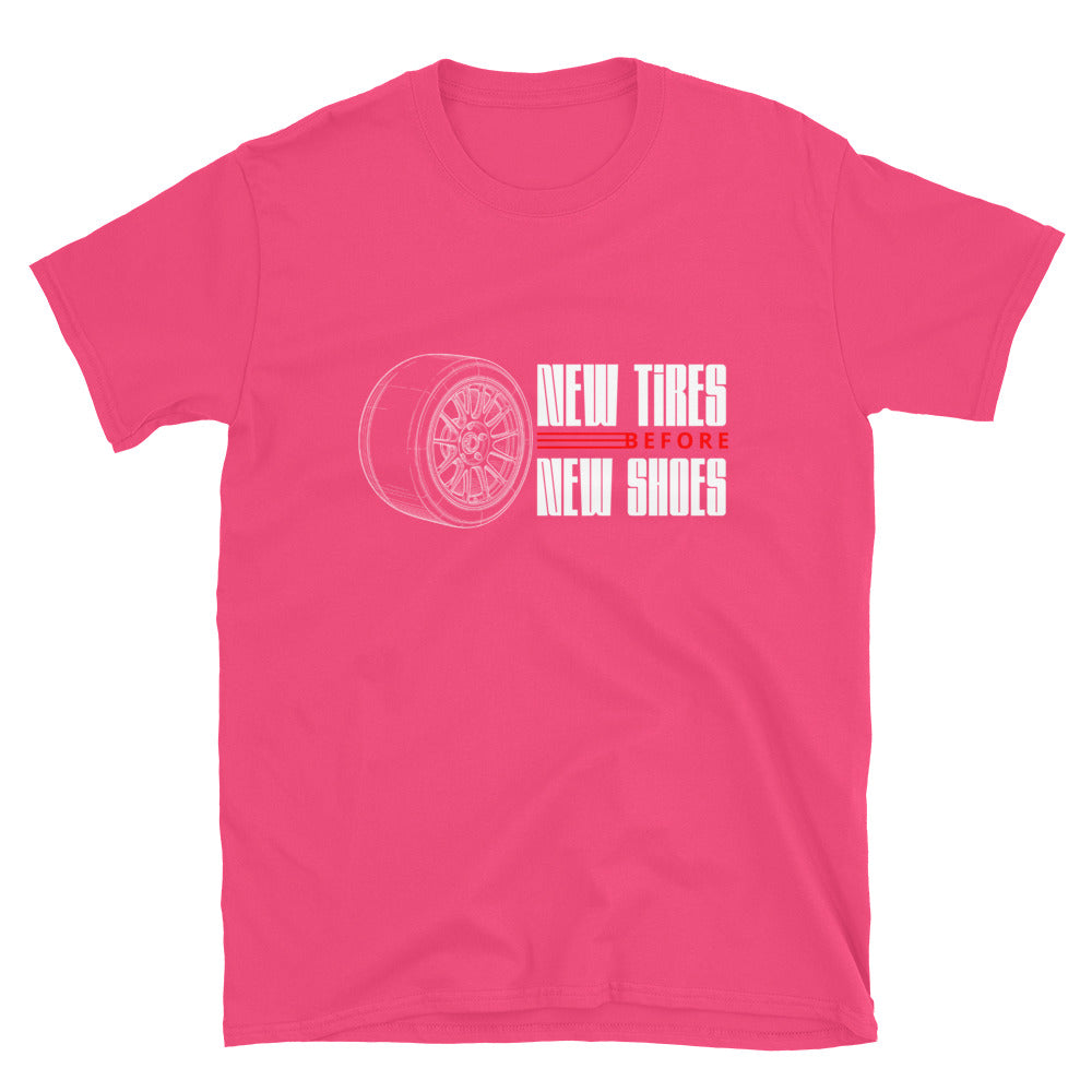 New Tire Before New Shoes Tee — Gearhead Priorities graphic t-shirt, front view (23) — Marque automotive apparel
