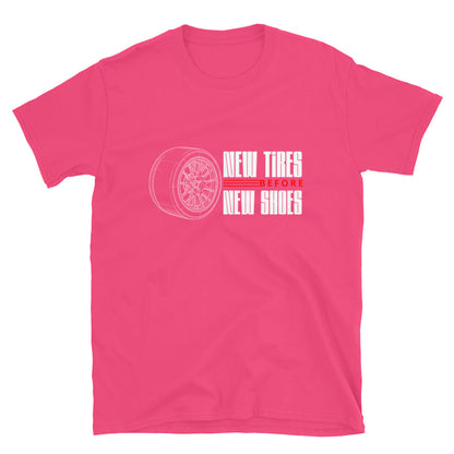 New Tire Before New Shoes Tee — Gearhead Priorities graphic t-shirt, front view (23) — Marque automotive apparel