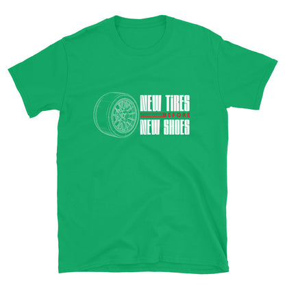 New Tire Before New Shoes Tee — Gearhead Priorities graphic t-shirt, front view (10) — Marque automotive apparel
