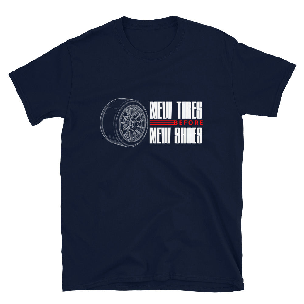 New Tire Before New Shoes Tee — Gearhead Priorities graphic t-shirt, Navy front view — Marque automotive apparel