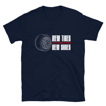 New Tire Before New Shoes Tee — Gearhead Priorities graphic t-shirt, Navy front view — Marque automotive apparel